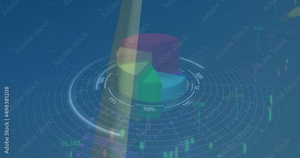 Aufkleber animation of statistics and data processing over wind turbine on blue background