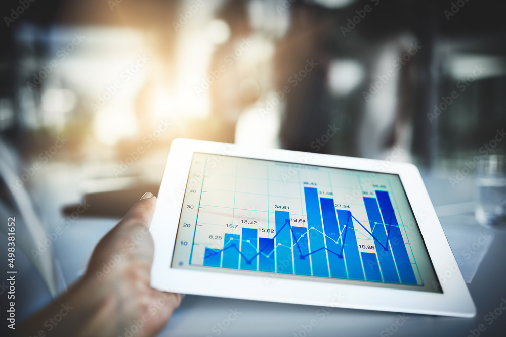 Poster business forecasts. closeup shot of an unidentifiable businessperson using a digital tablet in an of