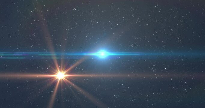 Animation of glowing blue and orange light moving over spots of light and stars in background