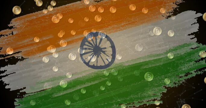 Animation of bitcoin symbols flowing over flag of india in background