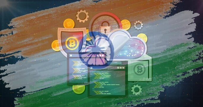 Animation of bitcoin symbol and data processing over flag of india in background