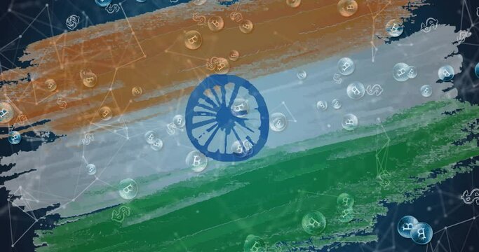 Animation of bitcoin symbols flowing over flag of india in background