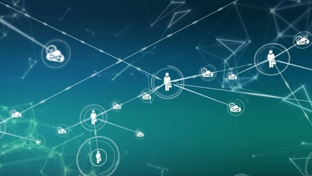 Animation of network of connections with icons and shapes on green background