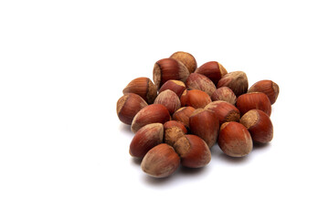 Pile of hazelnuts in close-up on white background