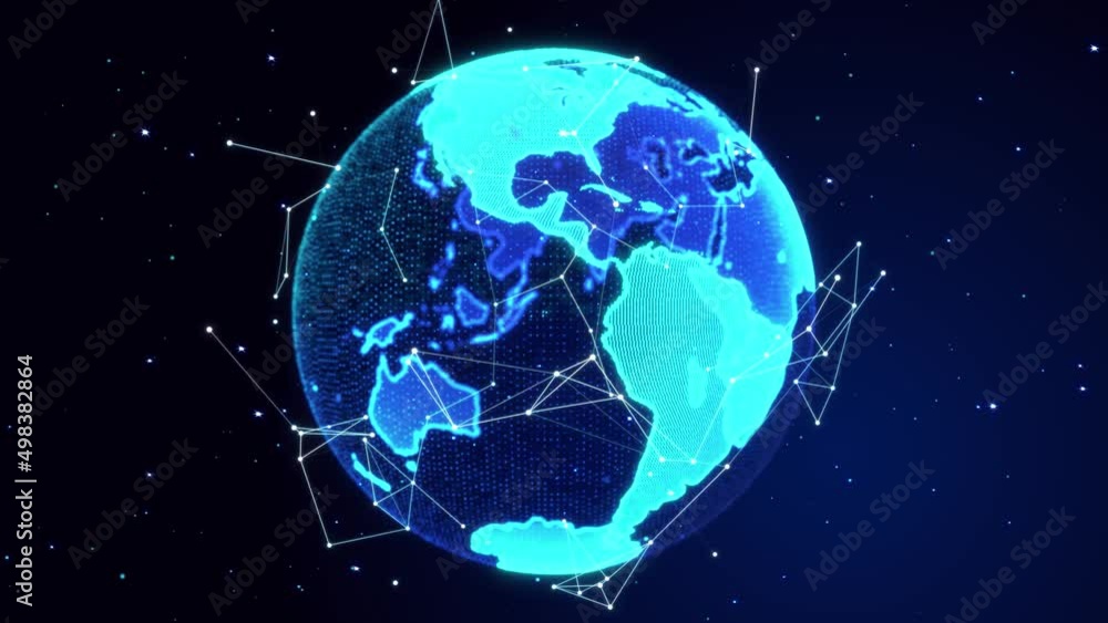 Poster 3d loop animation of global network connection world satellites map connections. modern business, te