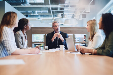 At the head of the table and the company. Low angle shot of a handsome mature businessman addressing his colleagues during a meeting in the boardroom.