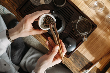 Fototapeta na wymiar Beautiful traditional chinese tea ceremony Gun Fu Cha