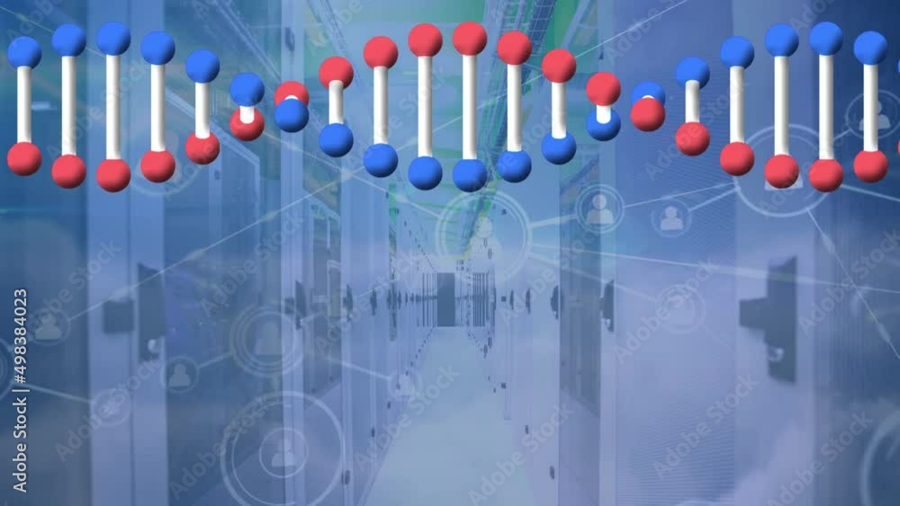 Poster animation of network of connections with icons and dna strand over server room