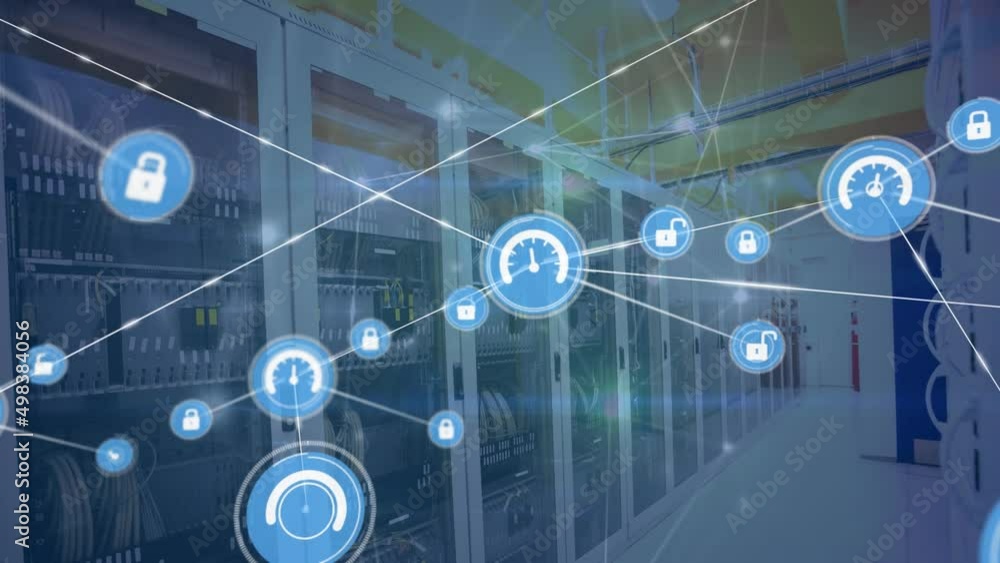 Poster animation of network of connections with icons over server room