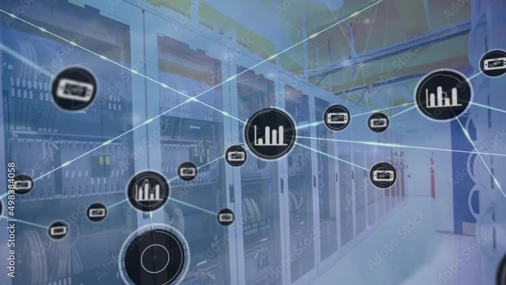Poster animation of network of connections with icons over server room