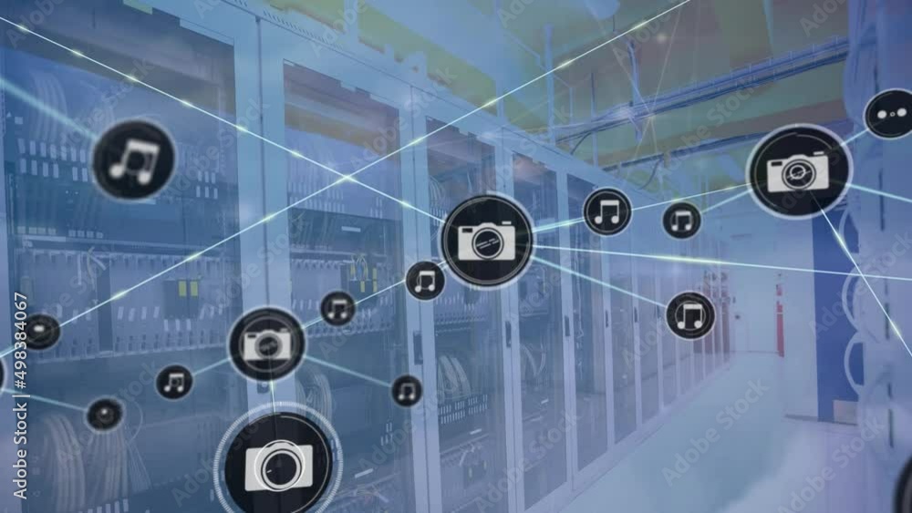 Poster animation of network of connections with icons over server room