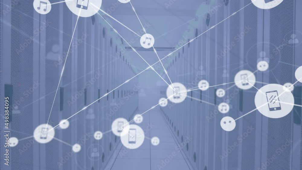 Poster animation of network of connections with icons over server room