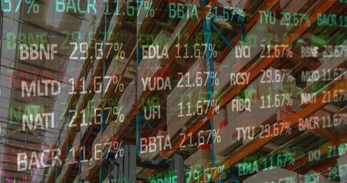 Animation of financial data processing and stock market over empty warehouse