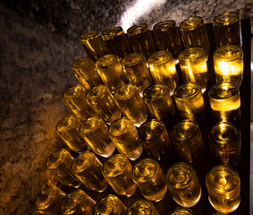 Sparkling wine production by traditional method in underground cellars in Vienna, Austria
