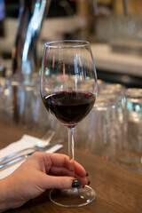 Tasting of dry Spanish tempranillo red wine in Spanish bogeda restaurant