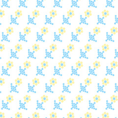 Fototapeta na wymiar Vector pattern with abstract hand drawn elements in yellow and blue colors. Decorative geometric floral ornament.