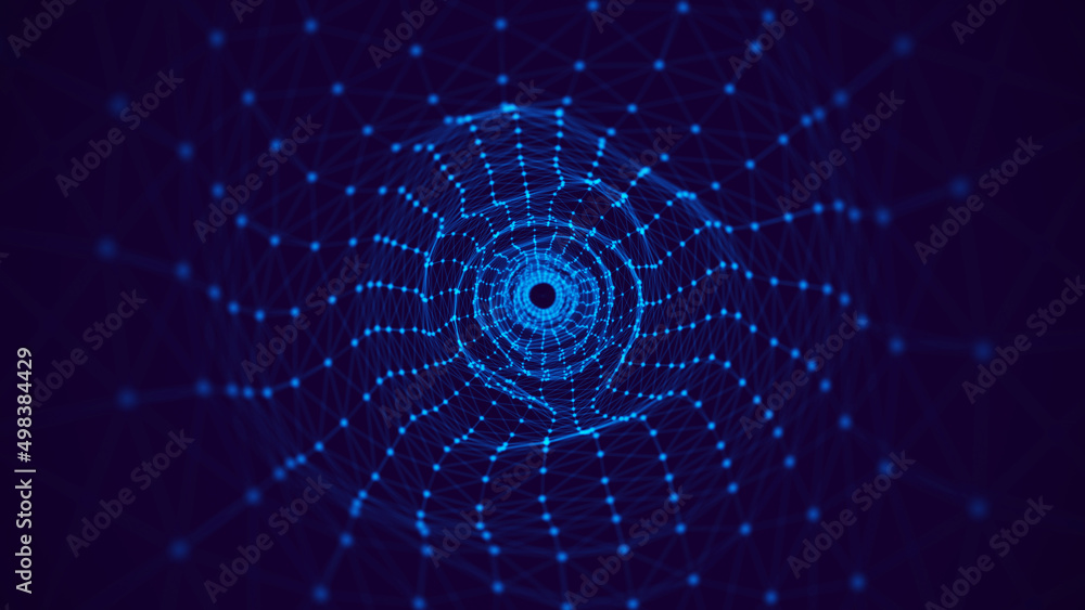 Poster Abstract swirling wireframe tunnel. Futuristic wormhole. Space background with connecting dots. Blue tunnel grid. 3d rendering.