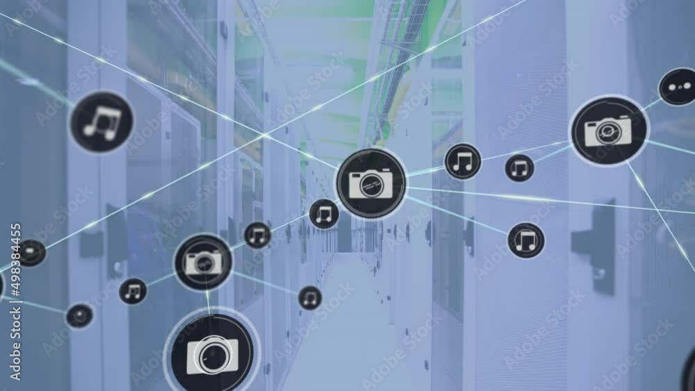 Poster animation of network of connections with icons over server room