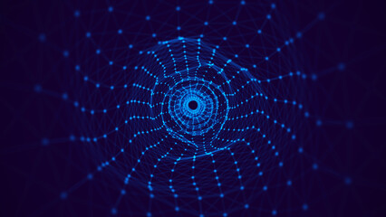 Abstract swirling wireframe tunnel. Futuristic wormhole. Space background with connecting dots. Blue tunnel grid. 3d rendering.