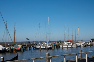Obraz premium Walking on sunny day in small Dutch town Marken with wooden houses located on former island in North Holland, Netherlands
