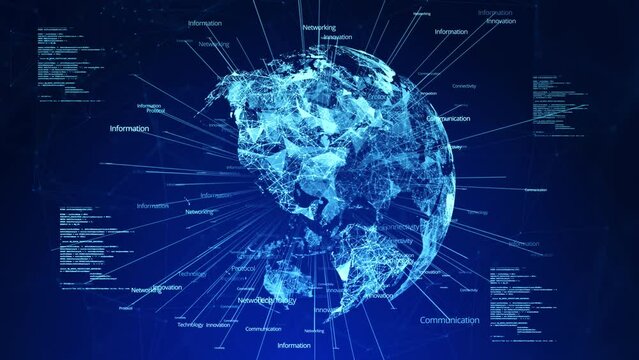 Animation of globe Rotating Earth with Connections and social media interfaces. Futuristic world with graphs and Charts Virtual Reality, data network. node lines, Binary code, Futuristic Technology.