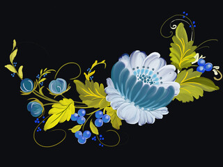 Beautiful floral ornament with blueberries and blue peonies on black background. Painted in Petrykivka style. Can be used in posters, banners, textiles, designs. Traditional Ukrainian painting