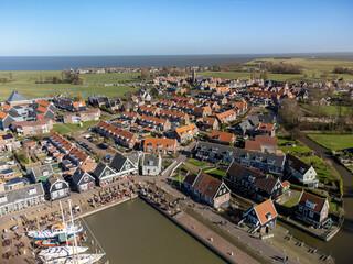 Aerial view on small Dutch town Marken with wooden houses located on former island in North Holland, Netherlands