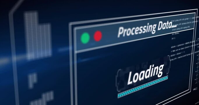 Animation of data processing with loading bar on blue background