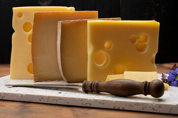 Swiss cheese collection, emmentaler with holes,  gruyere, appenzeller fondue cheeses
