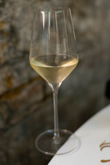 Tasting of brut champagne sparkling wine produced by traditional method in underground caves