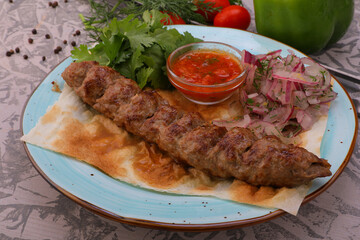 meat kebab is a national dish grilled meat on coals with sauce for the menu high-quality photo 