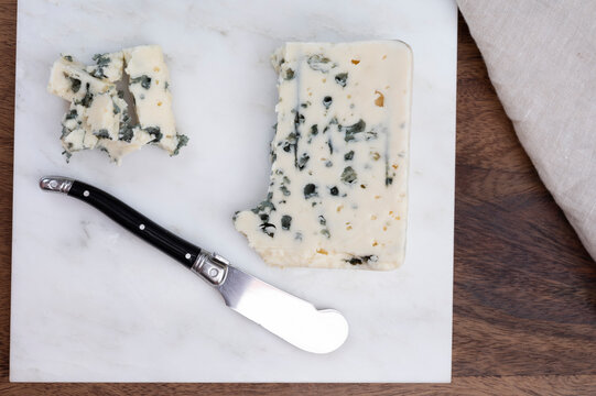 Tastig of French king of cheeses, sheep milk blue cheese roquefort from Southern France,