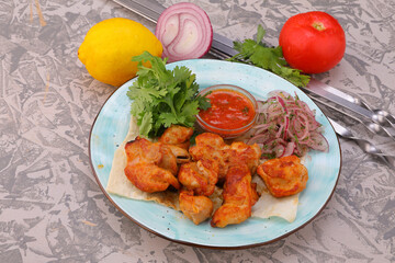 meat kebab is a national dish grilled meat on coals with sauce for the menu high-quality photo 