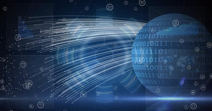 Animation of network of connections, icons and binary coding over globe