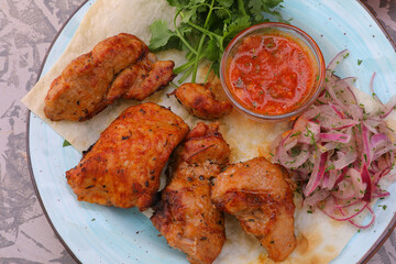 meat kebab is a national dish grilled meat on coals with sauce for the menu high-quality photo 