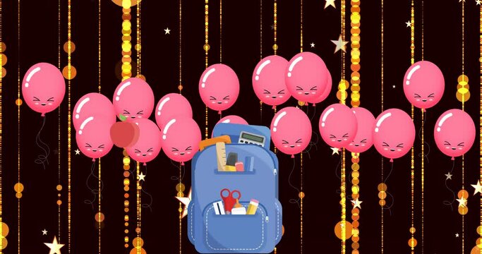 Animation of school items icons over ballons and light spots on black background