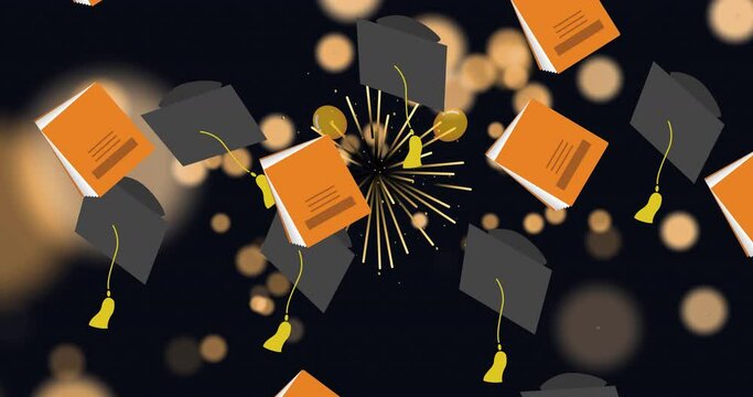 Animation of graduation caps and books over fireworks and light spots on black background