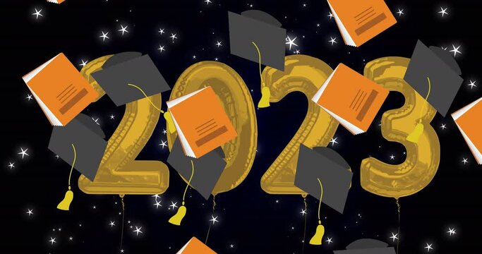 Animation of graduation caps and books over 2023 text and stars on black background