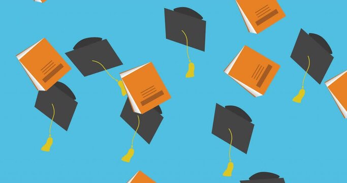 Animation of graduation caps and books falling on blue background