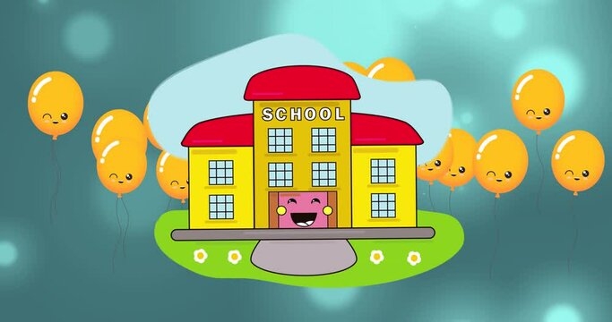 Animation of school icon over ballons and light spots on blue background