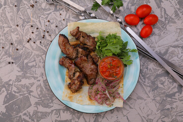 meat kebab is a national dish grilled meat on coals with sauce for the menu high-quality photo 