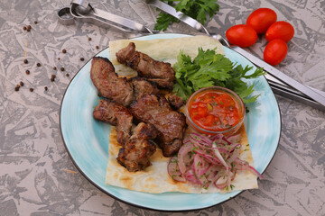 meat kebab is a national dish grilled meat on coals with sauce for the menu high-quality photo 