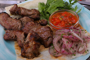 meat kebab is a national dish grilled meat on coals with sauce for the menu high-quality photo 