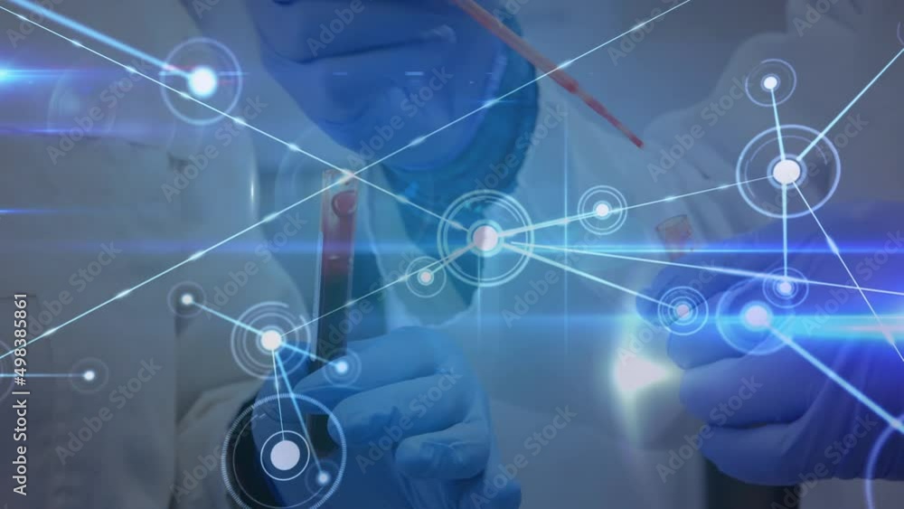 Poster animation of network of connections with icons over hands in protective gloves holding lab sample