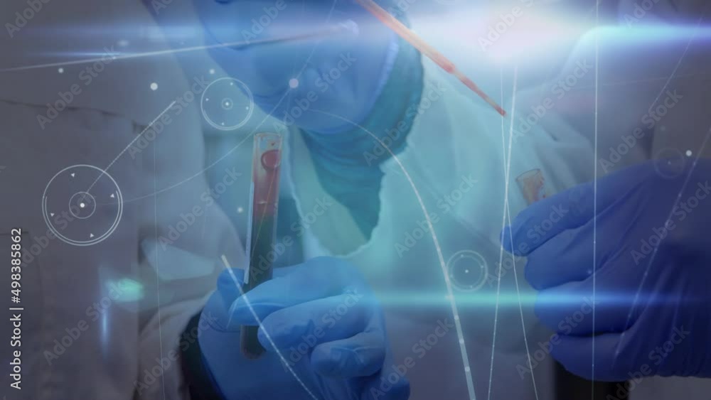 Poster animation of network of connections over hands in protective gloves holding lab sample