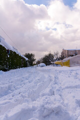 Cars totally covered with snow in Vrilissia district, during snow storm in Athens city, capital of Greece, Europe