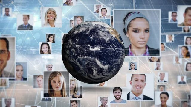 Animation of globe rotating over photos of diverse male and female businesspeople