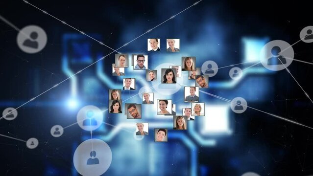 Animation of photos of diverse male and female businesspeople rotating over social media icons