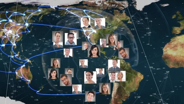 Animation of photos of diverse male and female businesspeople over globe and world map