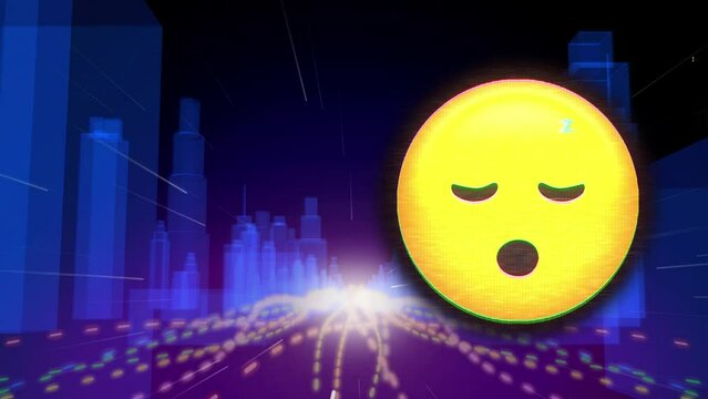 Animation of sad emoticon over lines moving fast on metaverse city background